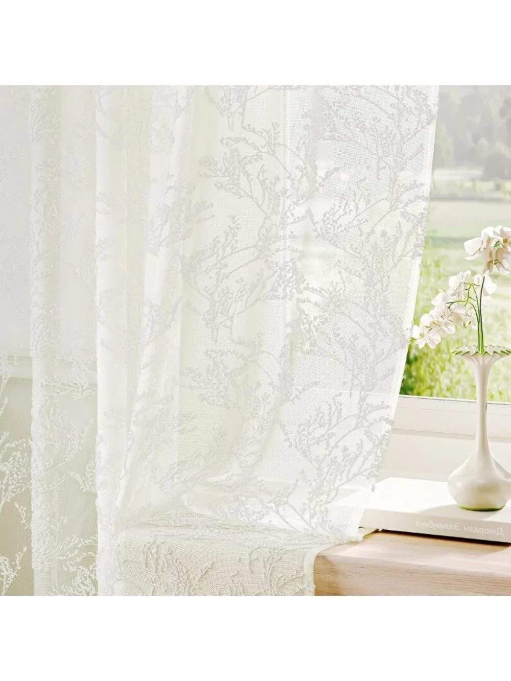 3D Textured Floral Lace Curtains - Semi-Sheer Light Filtering Drapes, 54” Long